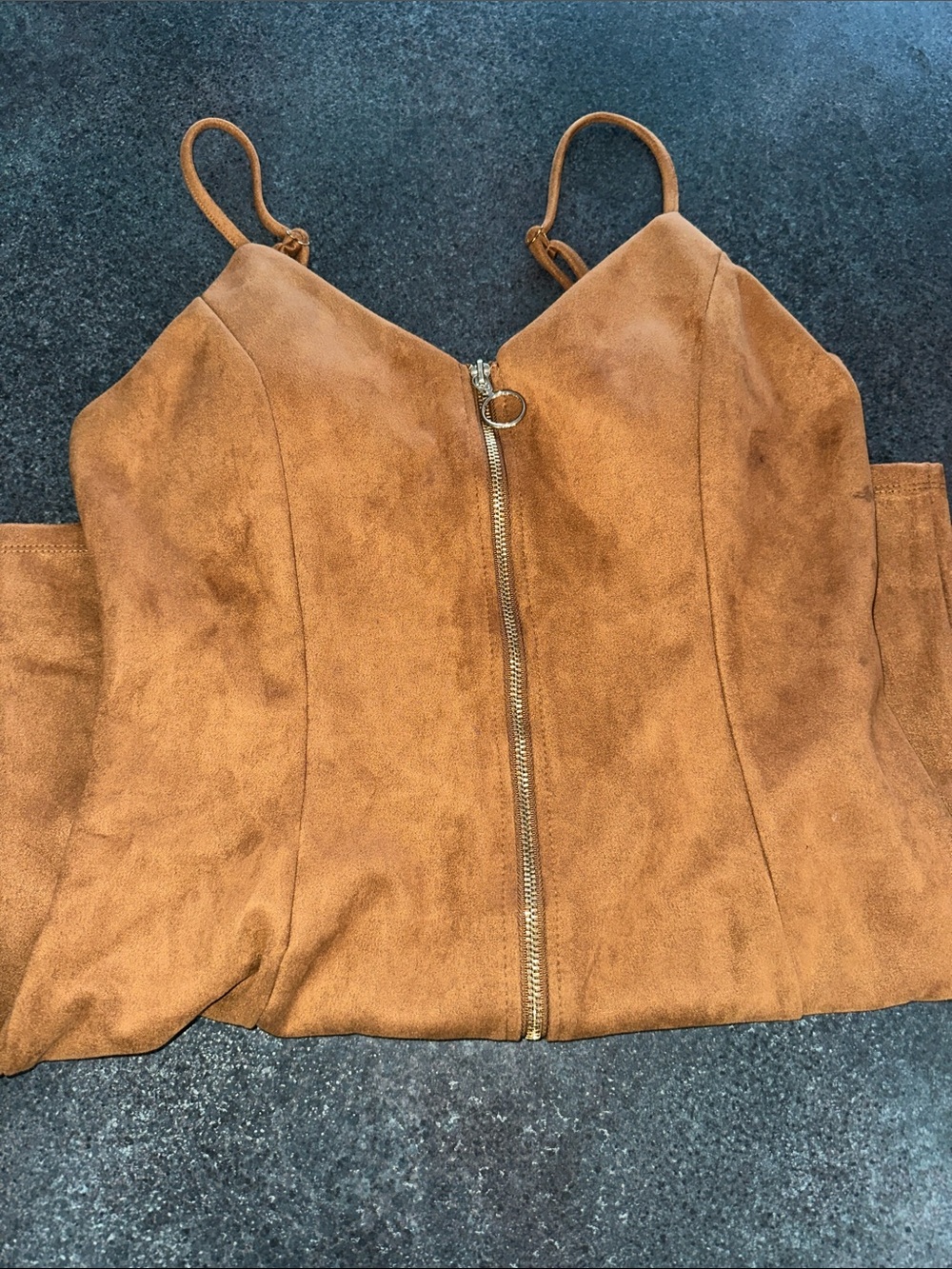 Suede-Look Zip Front Crop Top in Camel